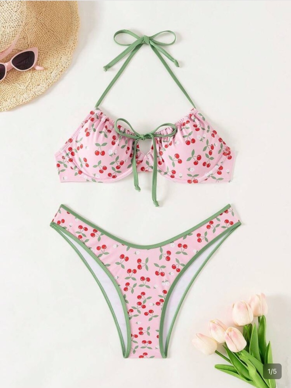 SHEIN Pink Cherry Print Bikini w/ Green Trim Size XS COQUETTE FEMININE GIRLY